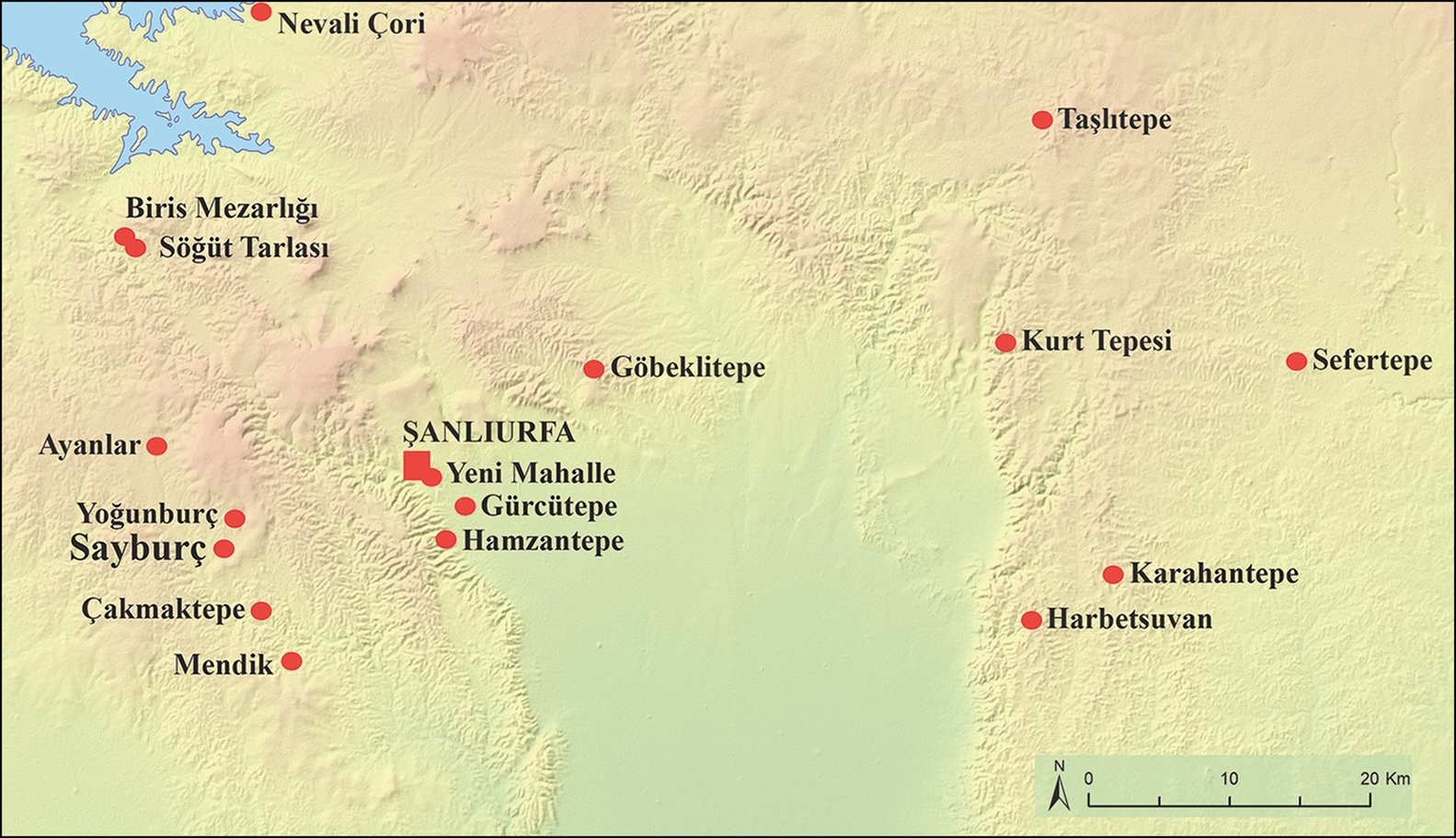 Labelled map of the Taş Tepeler sites near Şanlıurfa, showing Sayburç, Göbeklitepe, Karahantepe, Sefertepe, Çakmaktepe and others with a scale bar