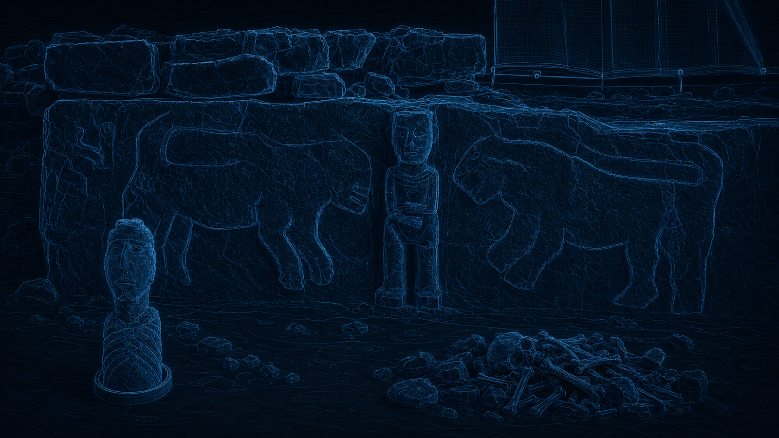 Rendering of the Sayburç bench relief: a man flanked by two leopards, a second man beside a bull, a standing statue and human remains